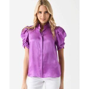 FRAME Womens Puff Sleeve Blouse Top Size S Purple Orchid Mock Neck Ruched NWT